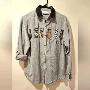 Casey & Max Cat Button Down Long Sleeve Top Size Medium Grey White Black